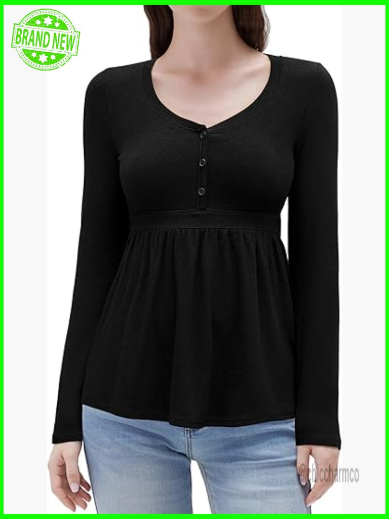 Ribbed Long Sleeve Henley Babydoll Top - Flowy Cute Peplum Tunic Blouse
